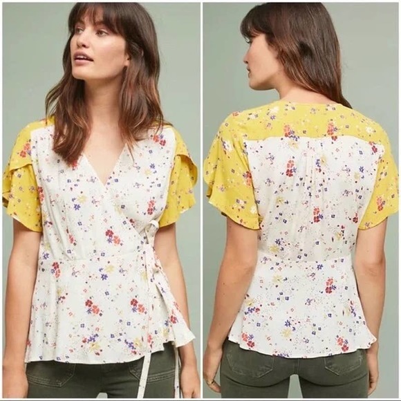 Anthropologie Tops - Anthropologie 8 White Yellow Floral Print Cottage Short Sleeve V-Neck Top